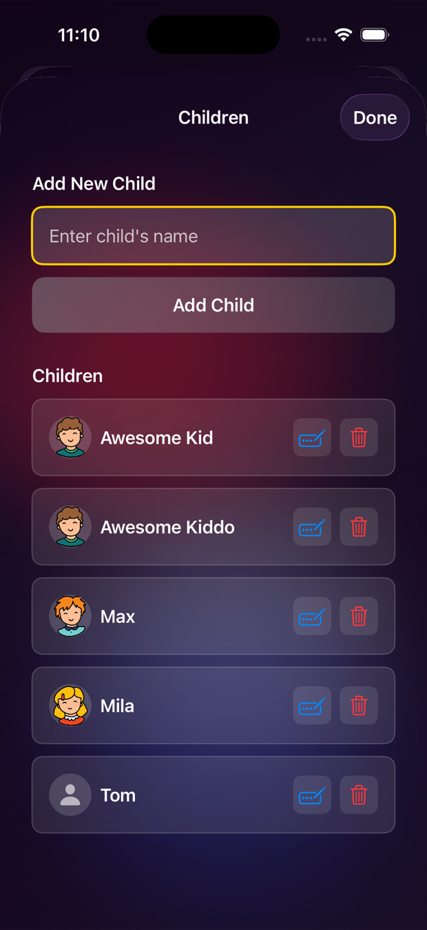 Add children screen showing list of kids