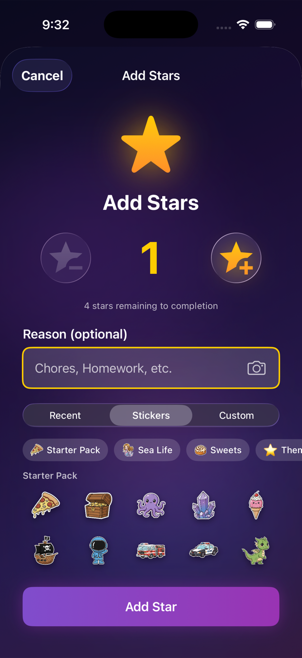 Starly Add Stars screen with sticker picker